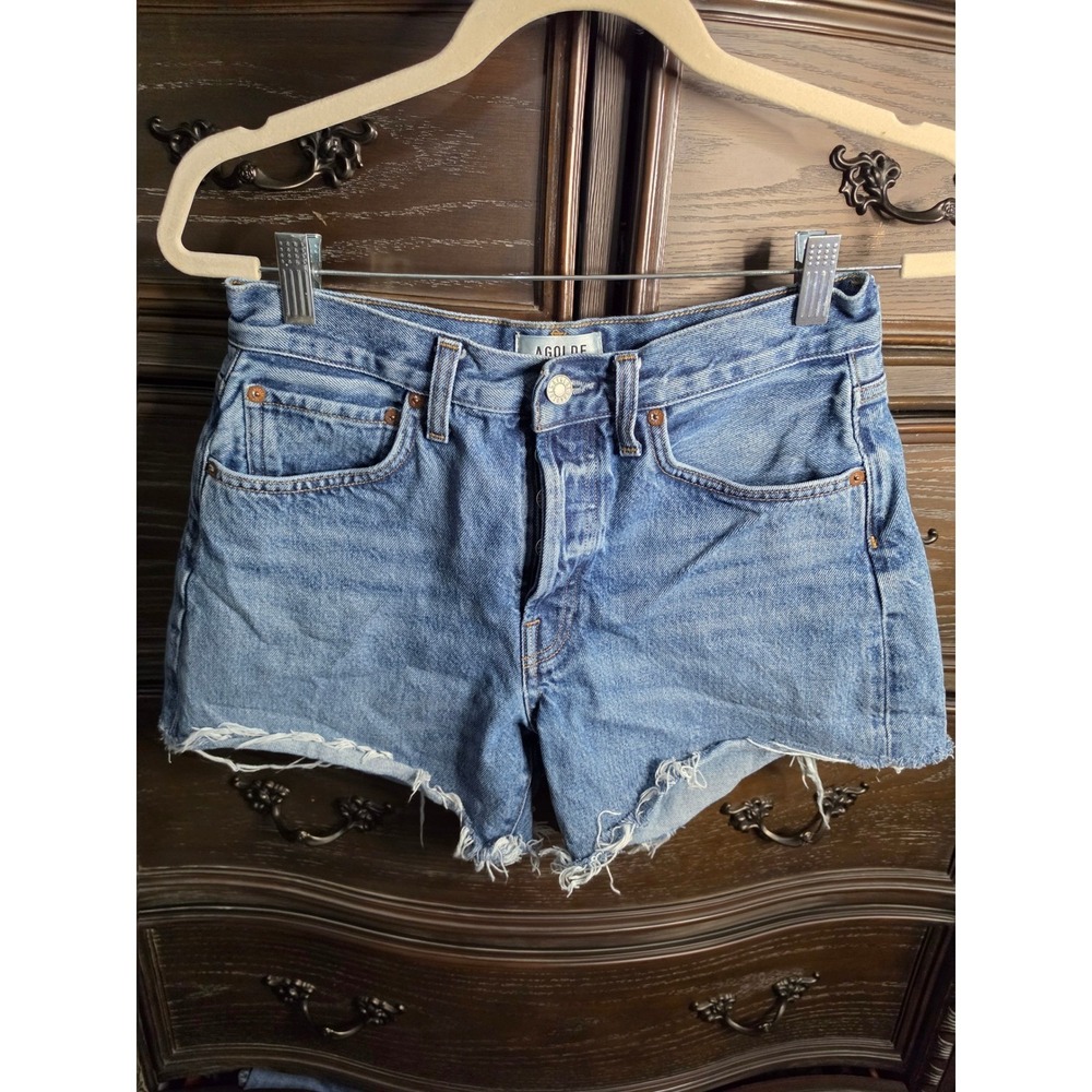 AGOLDE Parker High Rise Cut Off Denim Shorts Blue Medium Wash Size 26 Distressed